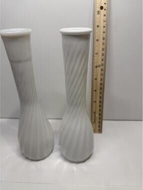 Vintage Hoosier Glass White Milk Glass Swirl Bud Vases Pair 9" MCM